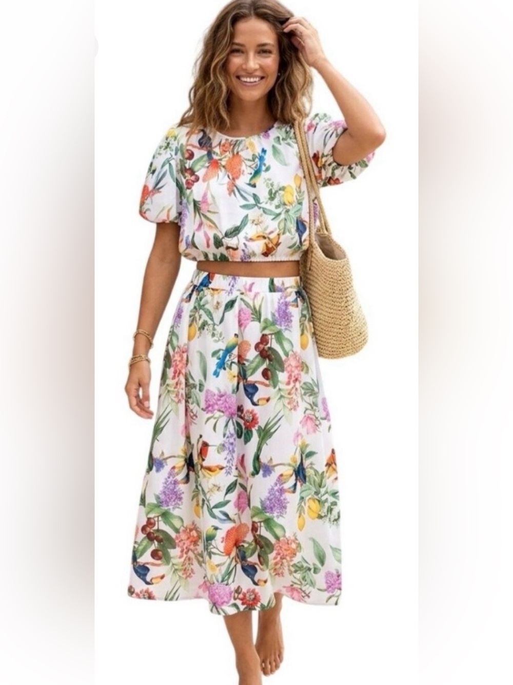 Calypso St Barth Floral/ Bird Print White Maxi Skirt and Puff Sleeve top Set
